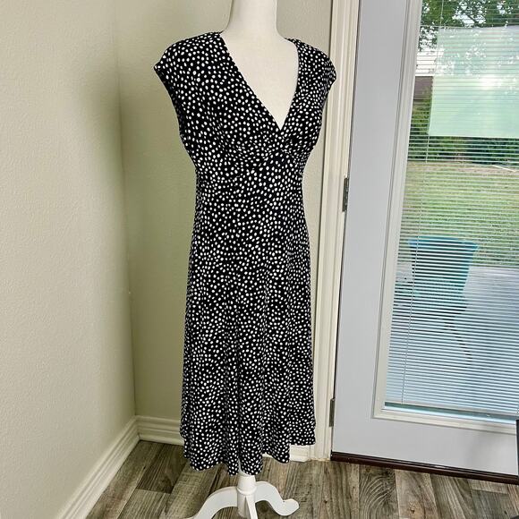 Chaps‎ Black & White Polka Dot Cap Sleeve Retro Midi Dress Size Medium - Picture 1 of 10